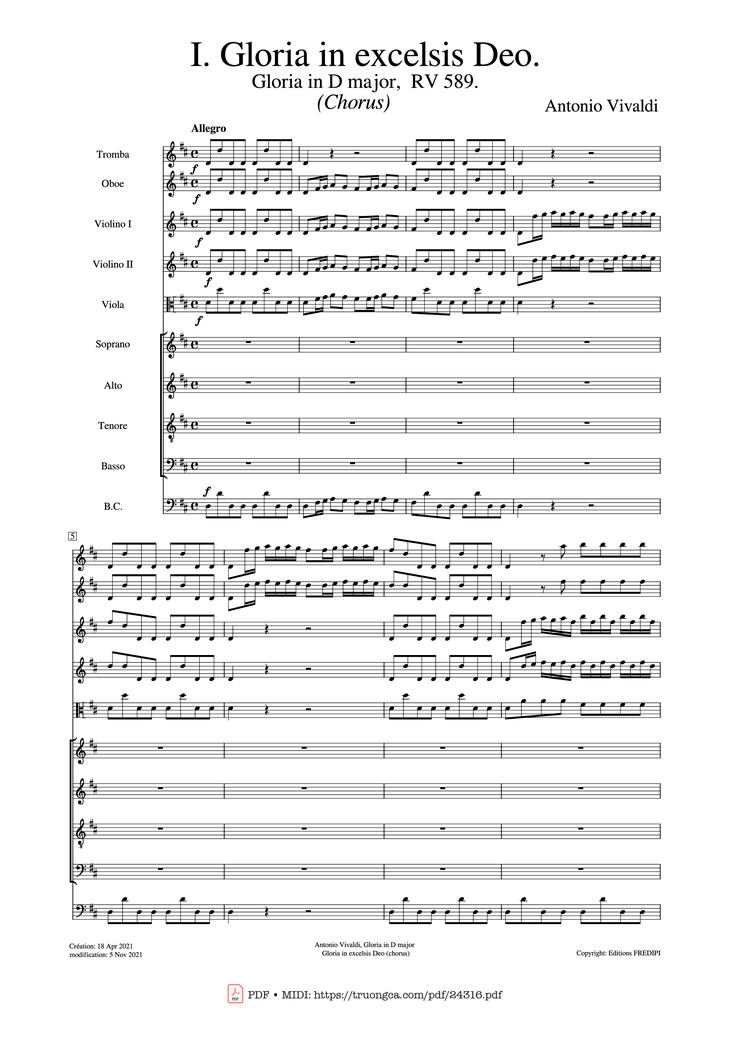 Page 1 of the piano sheet music PDF - Gloria in excelsis Deo (SATB Violin) by Antonio Vivaldi