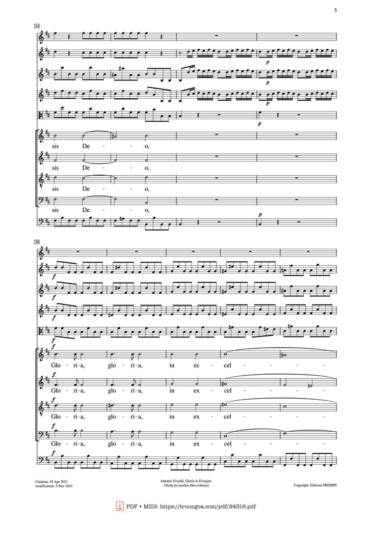 Page 5 of the piano sheet music PDF - Gloria in excelsis Deo (SATB Violin) by Antonio Vivaldi
