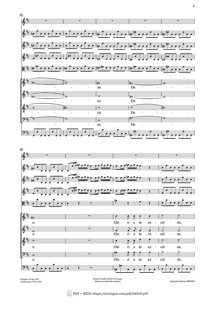 Page 6 of the piano sheet music PDF - Gloria in excelsis Deo (SATB Violin) by Antonio Vivaldi