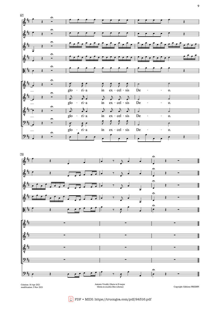 Page 9 of the piano sheet music PDF - Gloria in excelsis Deo (SATB Violin) by Antonio Vivaldi