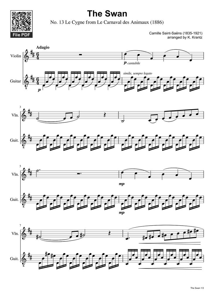 Page 1 of the piano sheet music PDF - The Swan Sheet Piano by Camille Saint-Saëns (1835-1921)