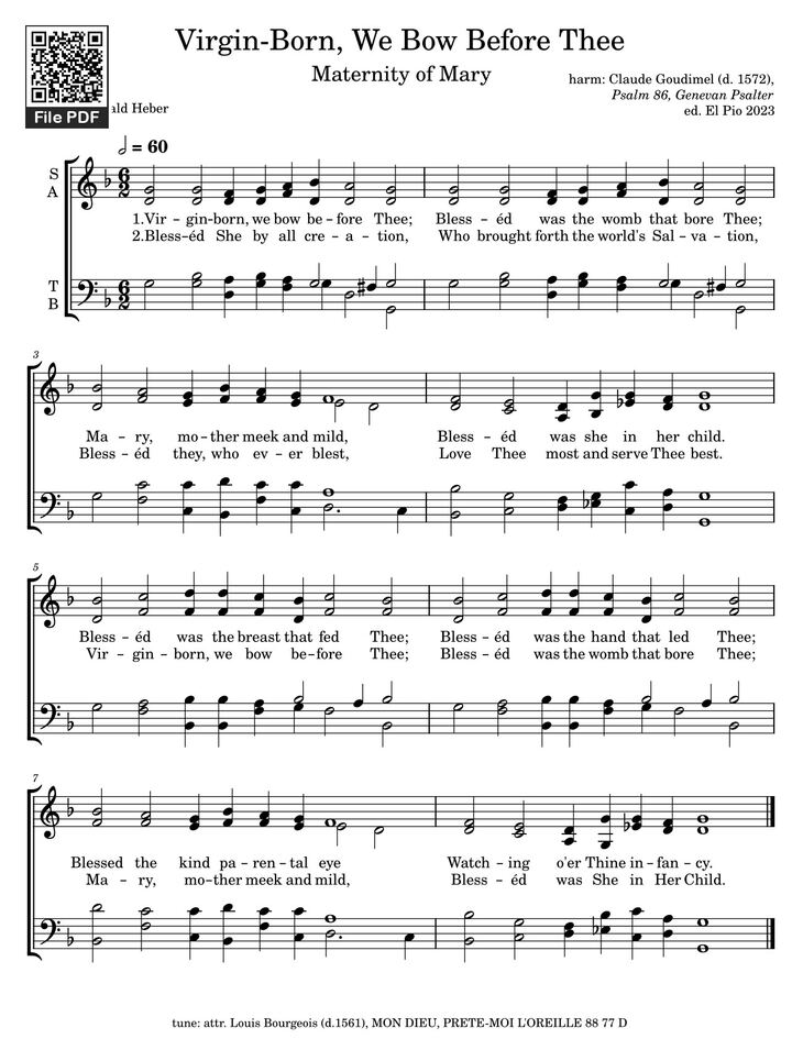 Page 1 of the piano sheet music PDF - Virgin-Born, We Bow Before Thee by  Claude Goudimel (d. 1572),