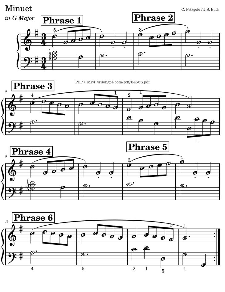 Page 1 of the piano sheet music PDF - Minuet in G Major Piano (note names, fingering) by Music Research