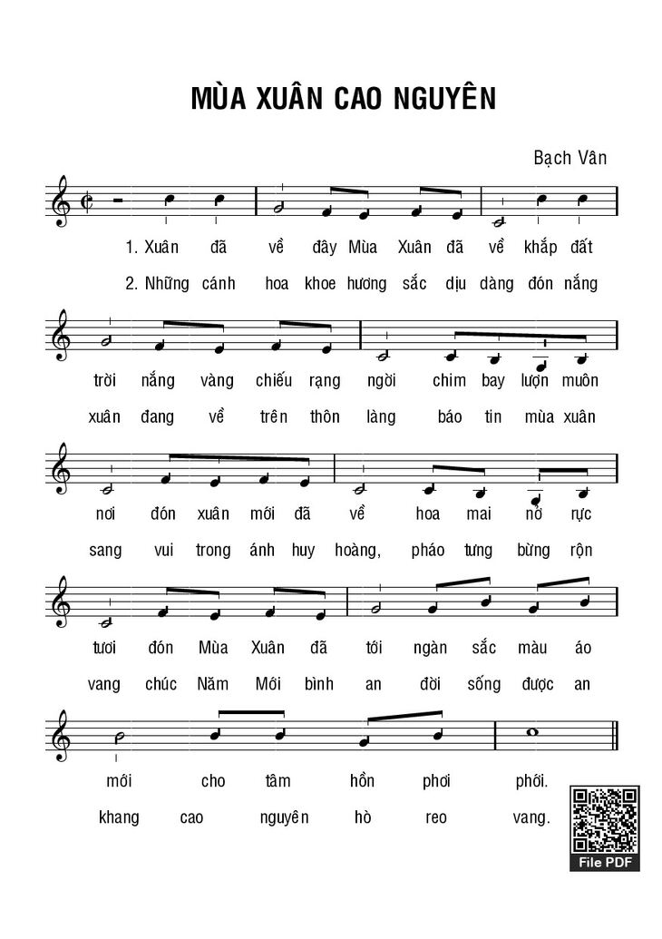 Page 1 of the piano sheet music PDF - Mùa xuân cao nguyên by Bạch VânMùa xuân chínNguyễn Duy