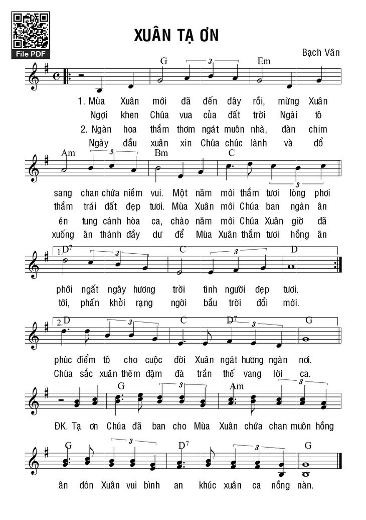 Page 1 of the piano sheet music PDF - Xuân tạ ơn by Bạch Vân