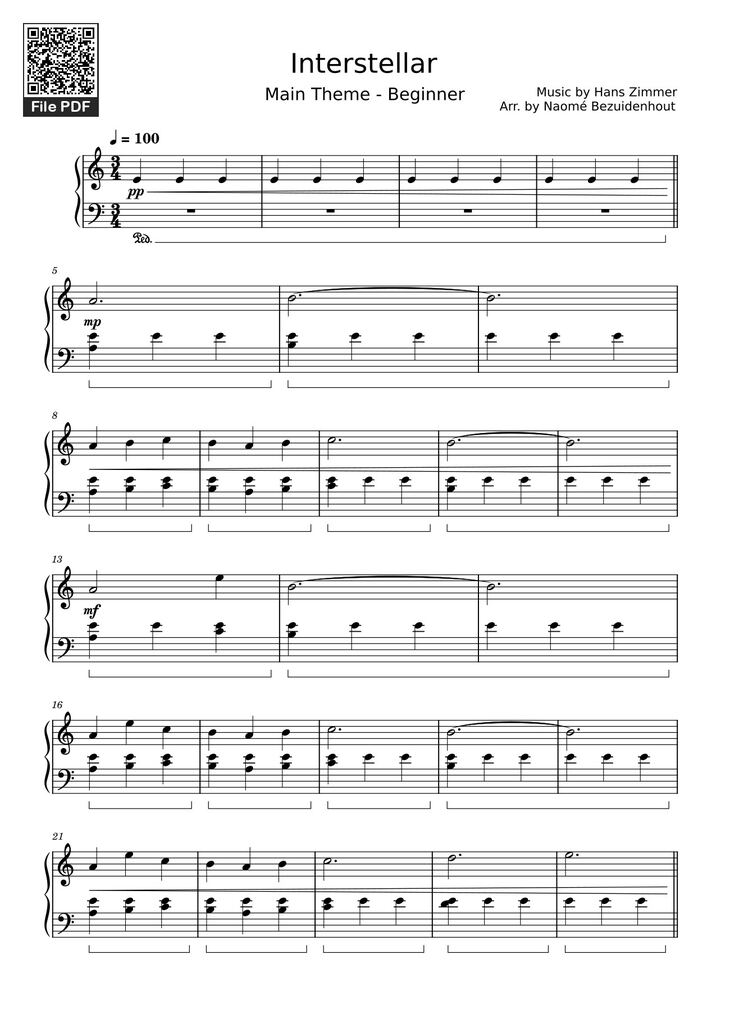 Page 1 of the piano sheet music PDF - Interstellar by Hans Zimmer
