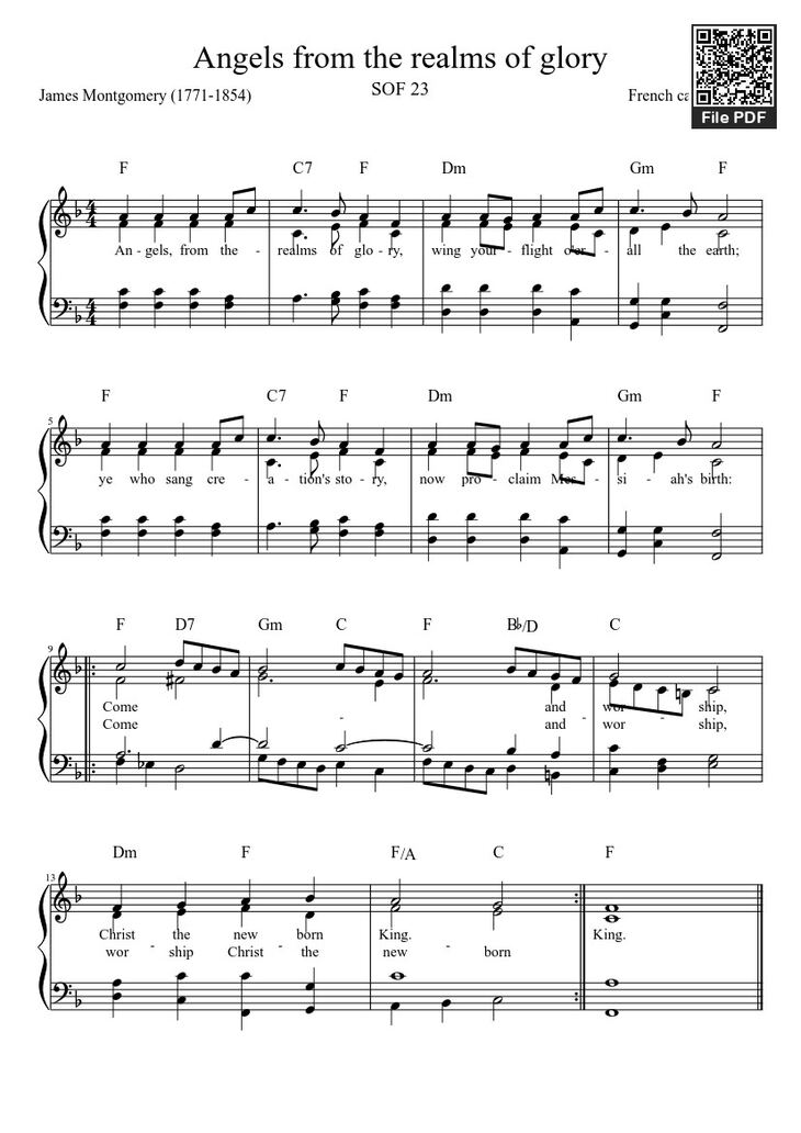 Page 1 of the piano sheet music PDF - Angels from the realms of glory Sheet Piano by James Montgomery