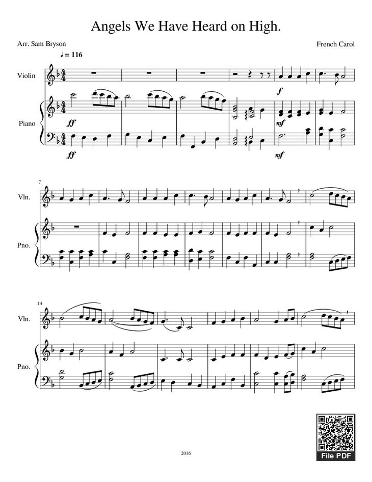 Page 1 of the piano sheet music PDF - Angels We Have Heard on High (Piano/Violin) by Sam Bryson