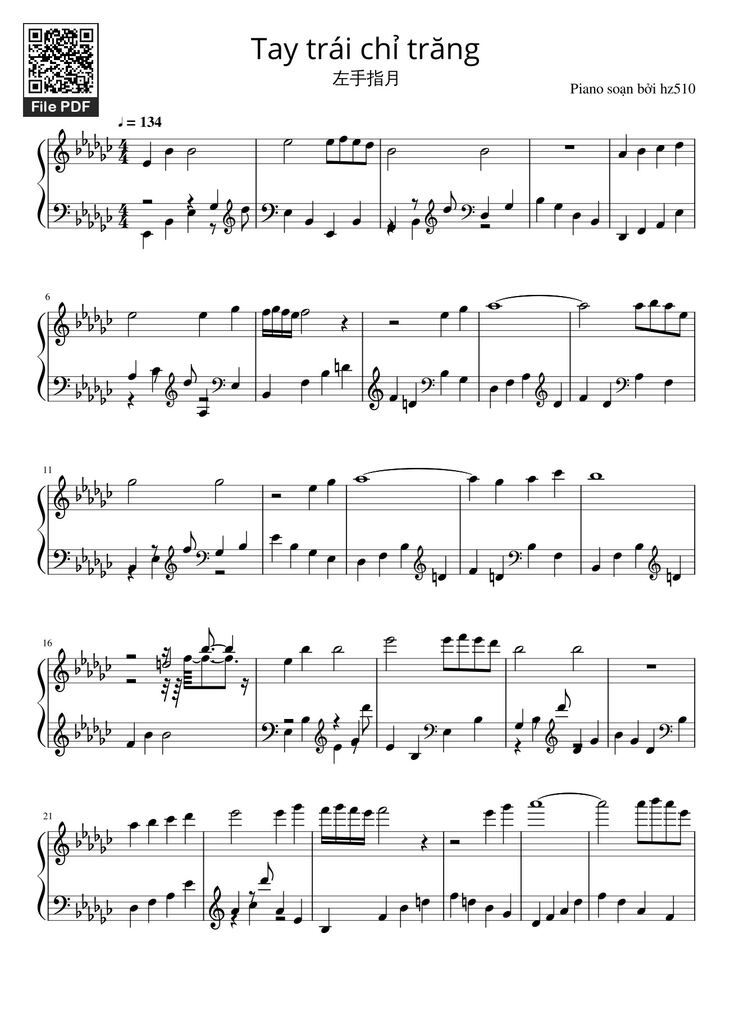 Page 1 of the piano sheet music PDF Piano - Tay trái chỉ trăng Sheet Piano by Maihao
