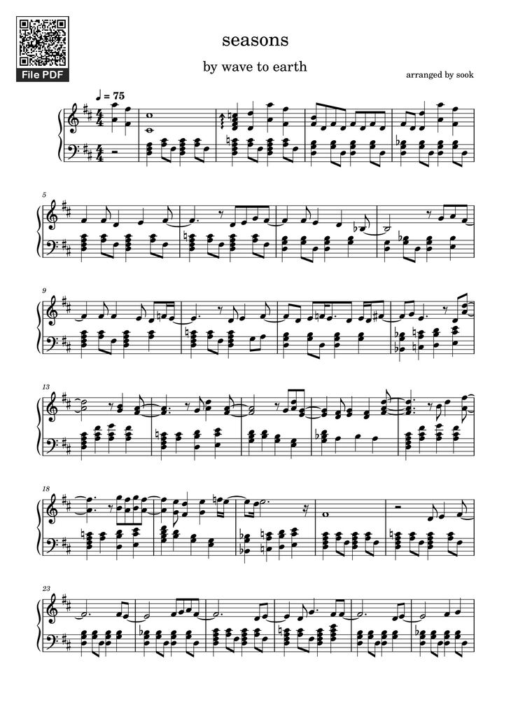 Page 1 of the piano sheet music PDF - Seasons – wave to earth (웨이브 투 어스) Sheet Piano by Sook_piano