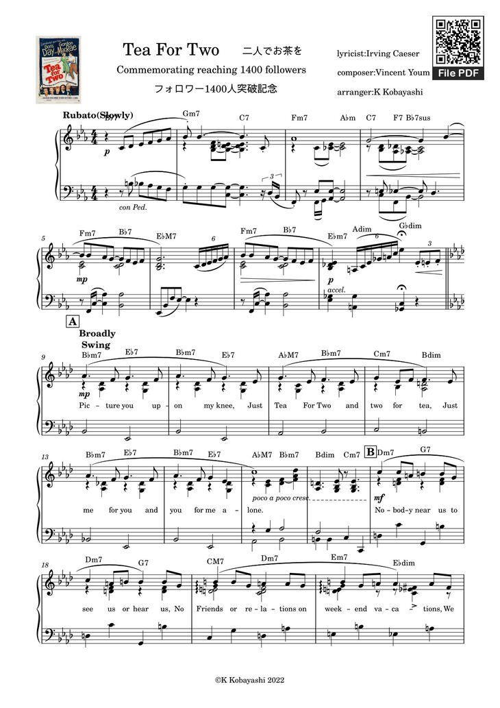 Page 1 of the piano sheet music PDF - Tea For Two Sheet Piano by K Kobayashi