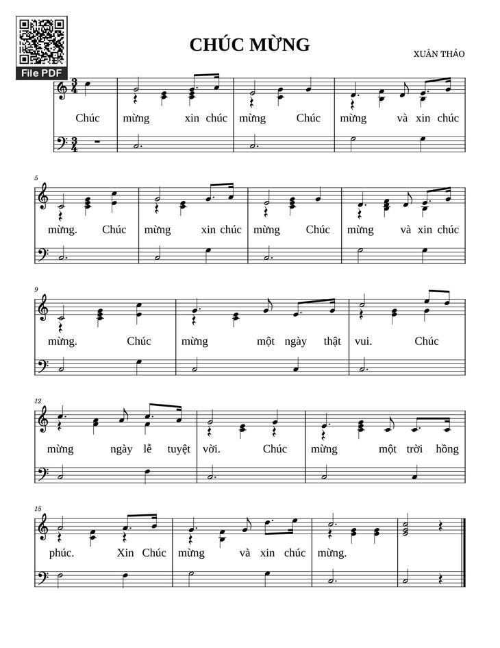 Page 1 of the piano sheet music PDF - Chúc mừng Sheet Piano by XUÂN THẢO