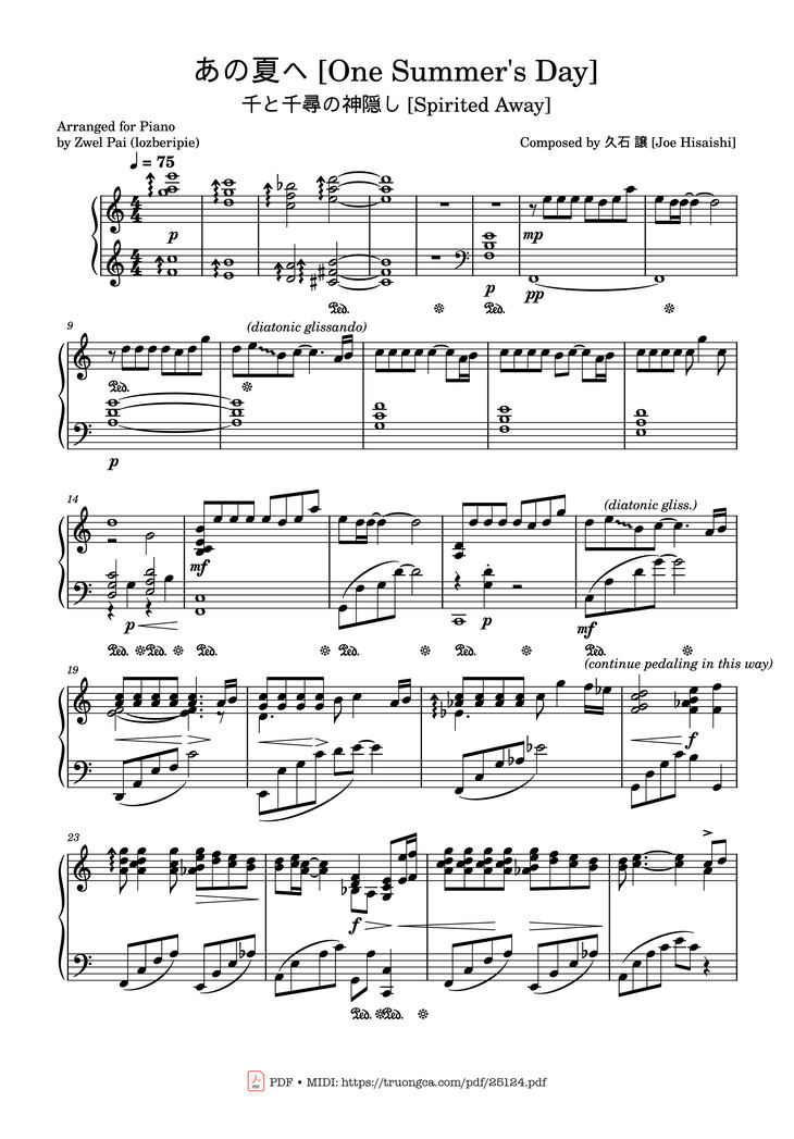 Page 1 of the piano sheet music PDF - Joe Hisaishi - One Summer