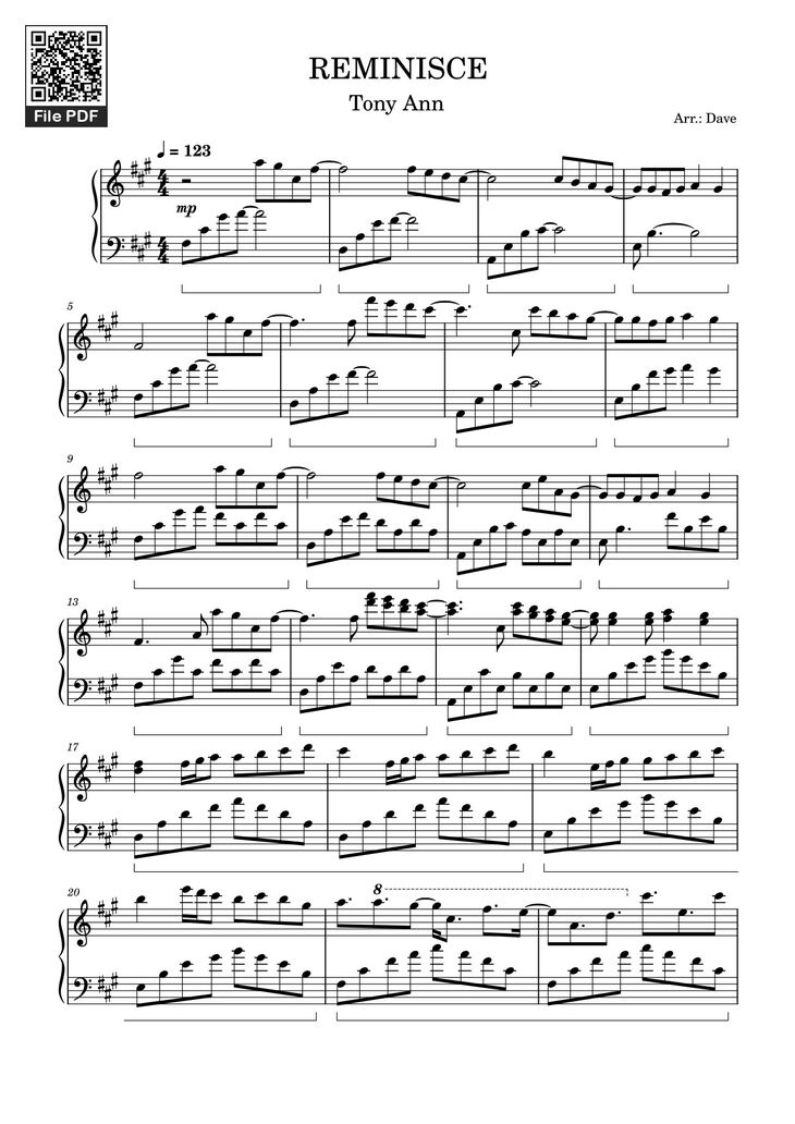 Page 1 of the piano sheet music PDF - Reminisce Sheet Piano by Tony Ann