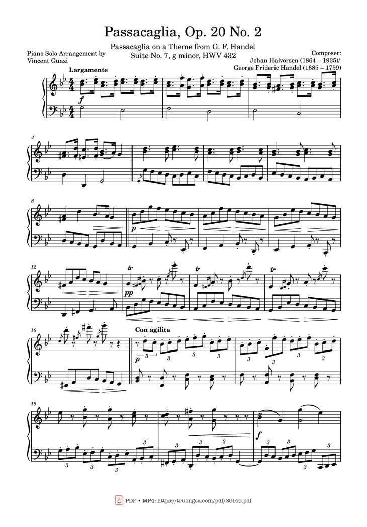 Page 1 of the piano sheet music PDF - Passacaglia, Op. 20 No. 2 by Johan Halvorsen