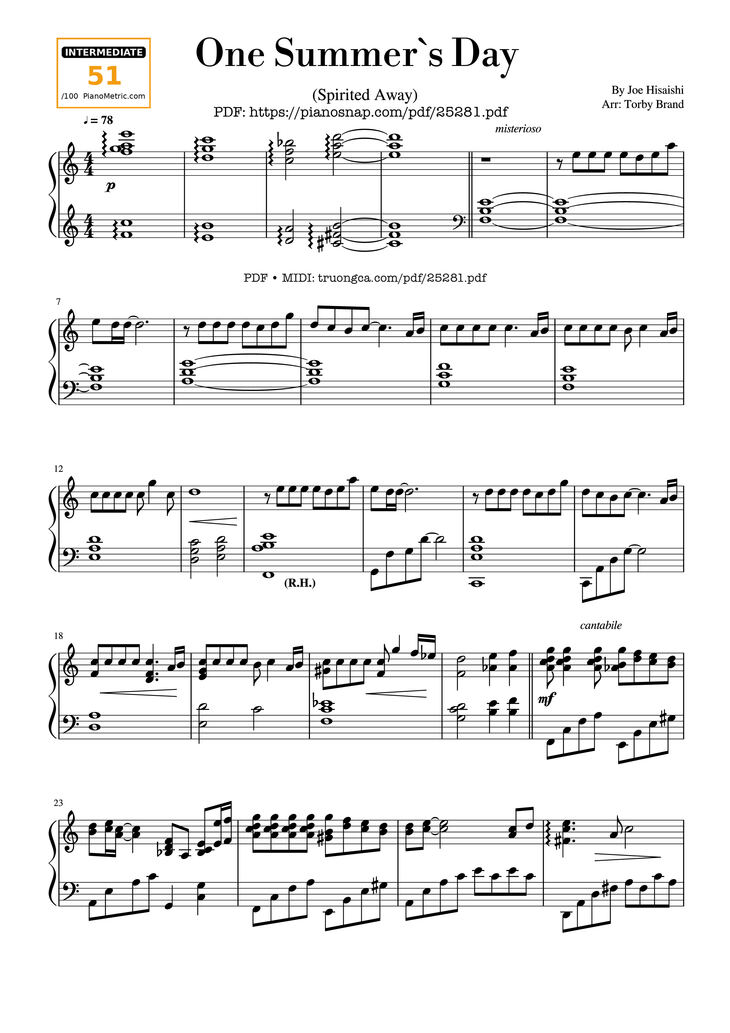 Page 1 of the piano sheet music PDF - One Summer