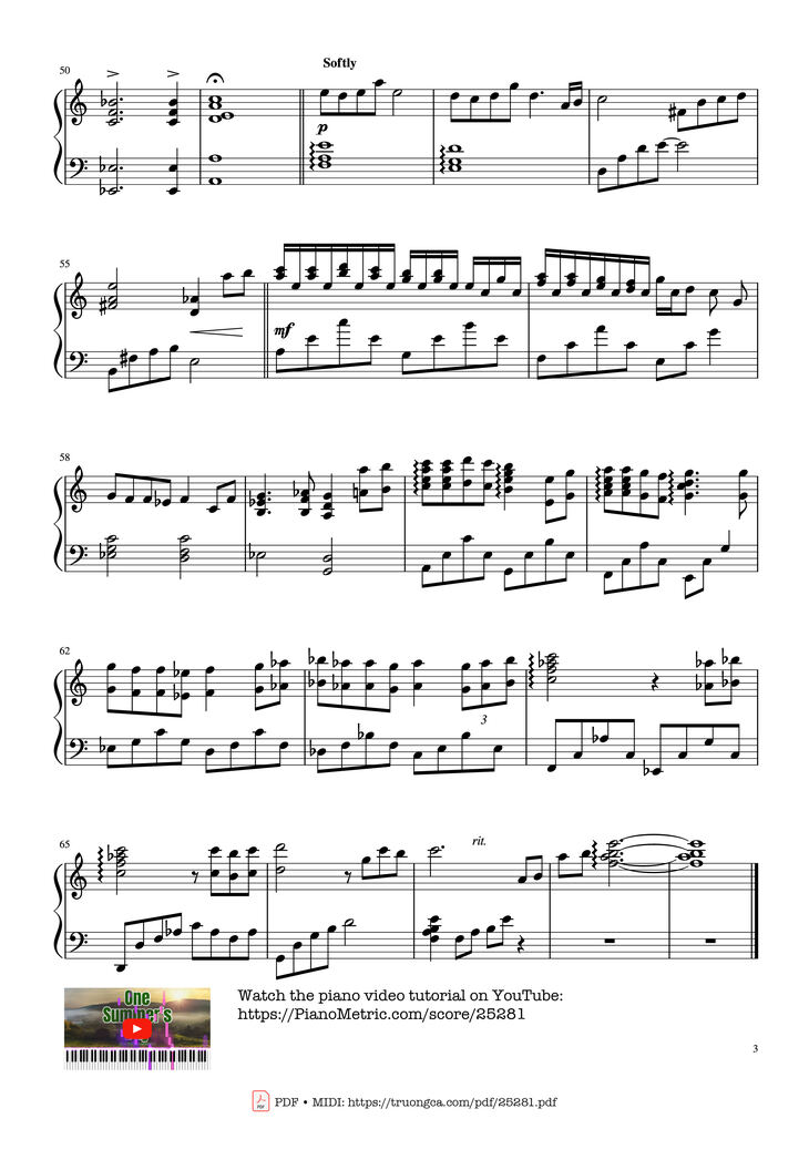 Page 3 of the piano sheet music PDF - One Summer