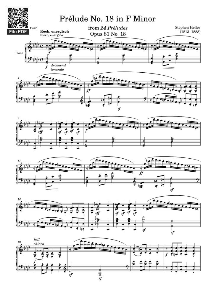 Page 1 of the piano sheet music PDF - Prélude No. 18 in F Minor Sheet Piano by Stephen Heller