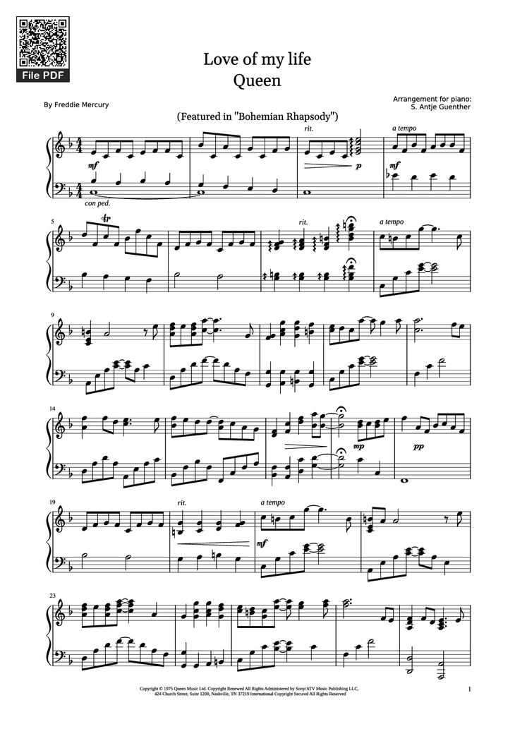 Page 1 of the piano sheet music PDF Piano - Love of my life Queen Sheet Piano by Antje Guenther