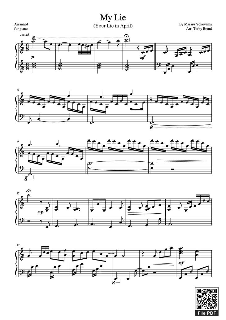 Page 1 of the piano sheet music PDF - My Lie Sheet Piano by Masaru Yokoyama