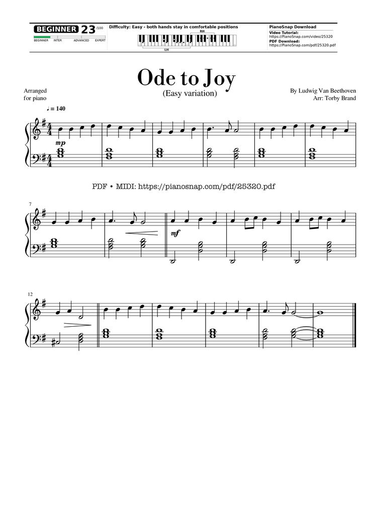 Sheet music preview — Ode To Joy Sheet Piano