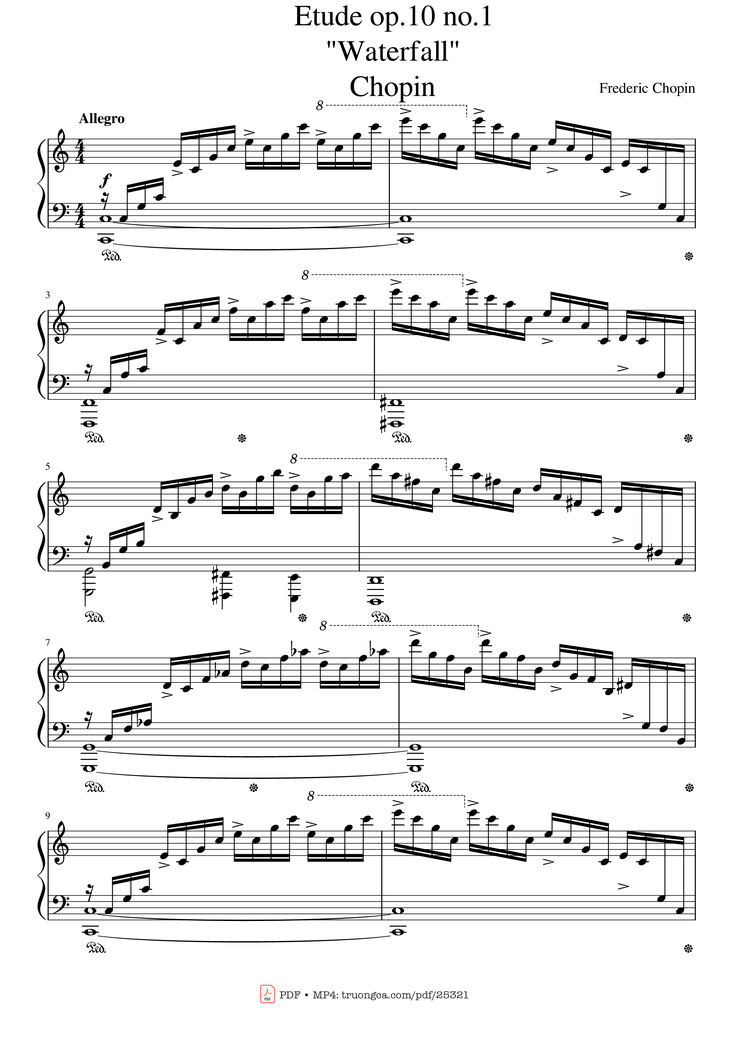 Page 1 of the piano sheet music PDF Piano - Etude op.10 no.1 (Waterfall) Chopin by Chopin