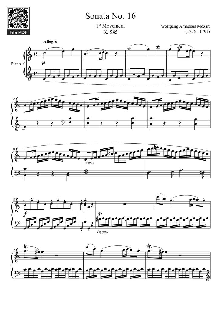 Page 1 of the piano sheet music PDF - Sonata No. 16 Sheet Piano by Wolfgang Amadeus Mozart