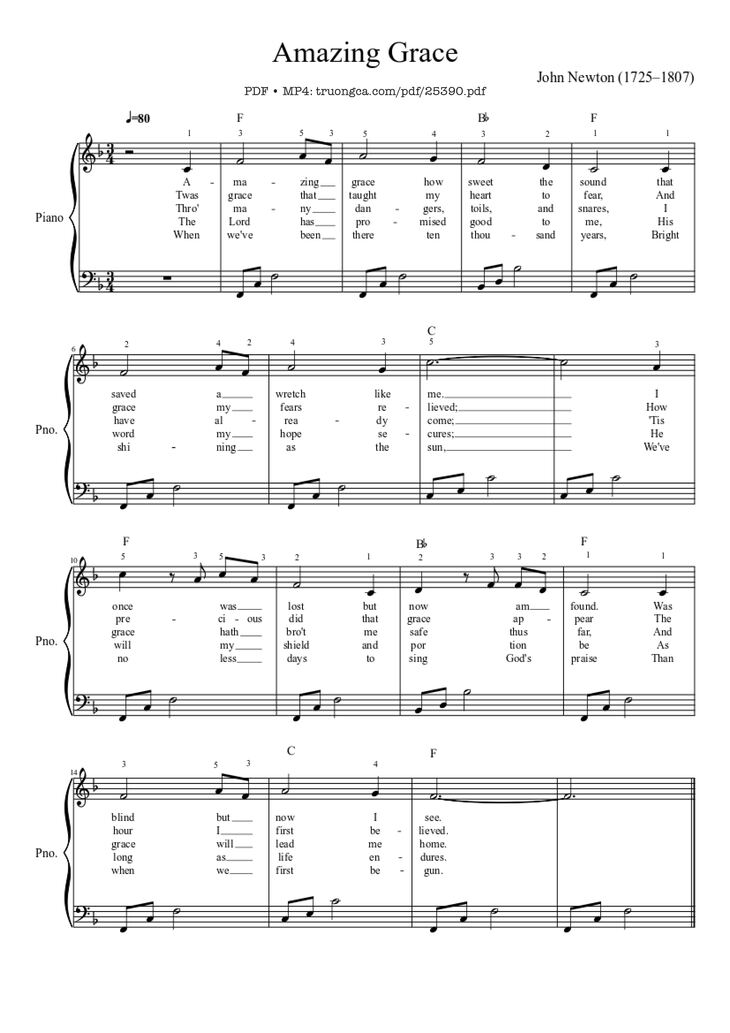 Page 1 of the piano sheet music PDF Piano - Amazing Grace Sheet Piano EASY by John Newton (1725–1807)