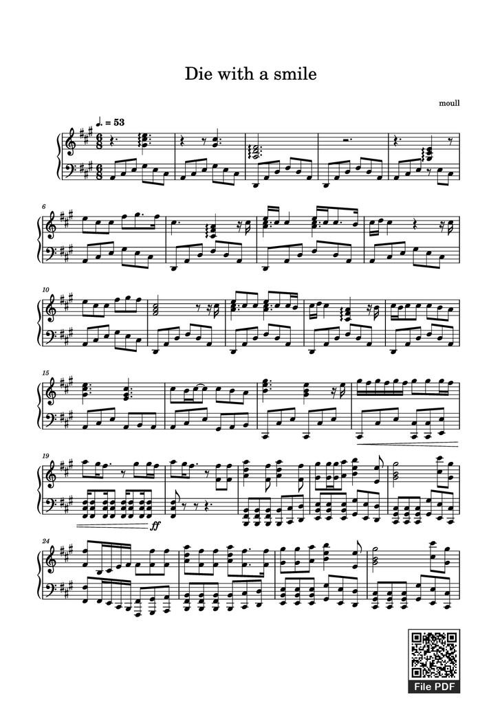 Page 1 of the piano sheet music PDF Piano - Die with a smile Piano by Moull