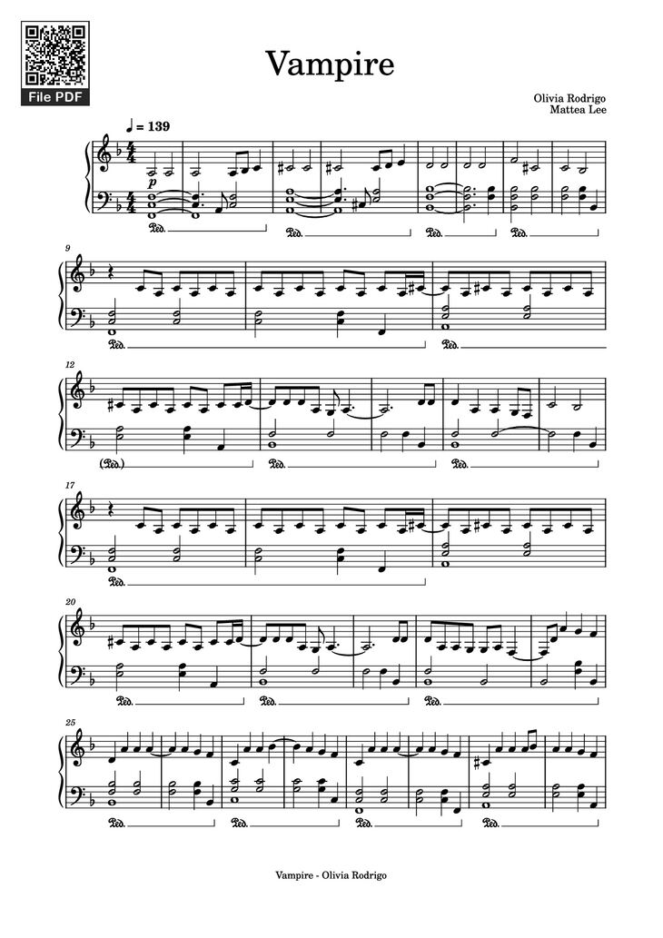 Page 1 of the piano sheet music PDF Piano - Vampire Piano by Olivia Rodrigo