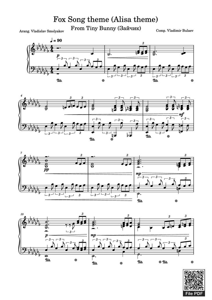 Page 1 of the piano sheet music PDF Piano - Fox Song theme (Alisa theme) Piano by Comp. Vladimir Bulaev