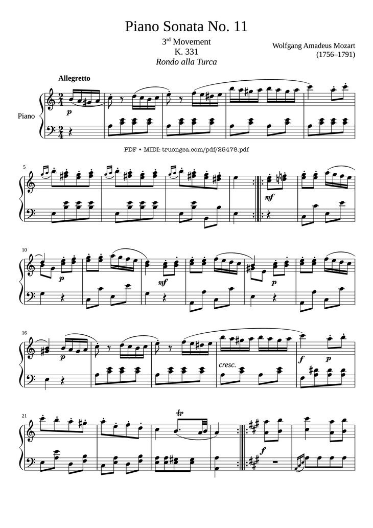 Page 1 of the piano sheet music PDF Piano - Sonata No. 11 by Wolfgang Amadeus Mozart (1756–1791