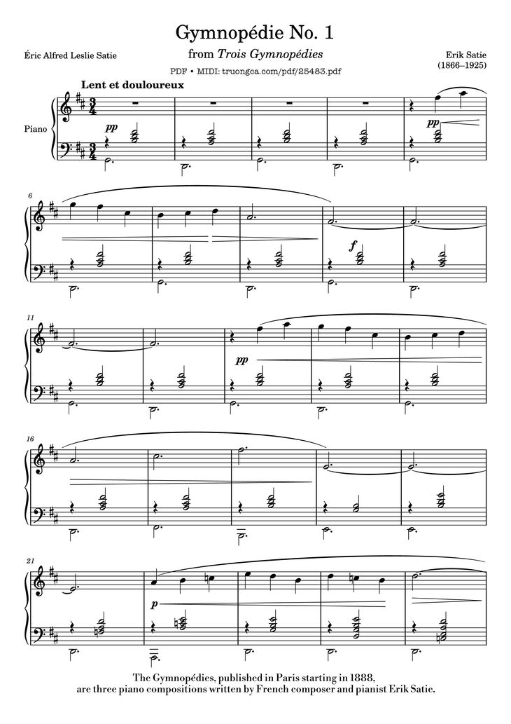 Page 1 of the piano sheet music PDF Piano - Gymnopédie No. 1 by Erik Satie