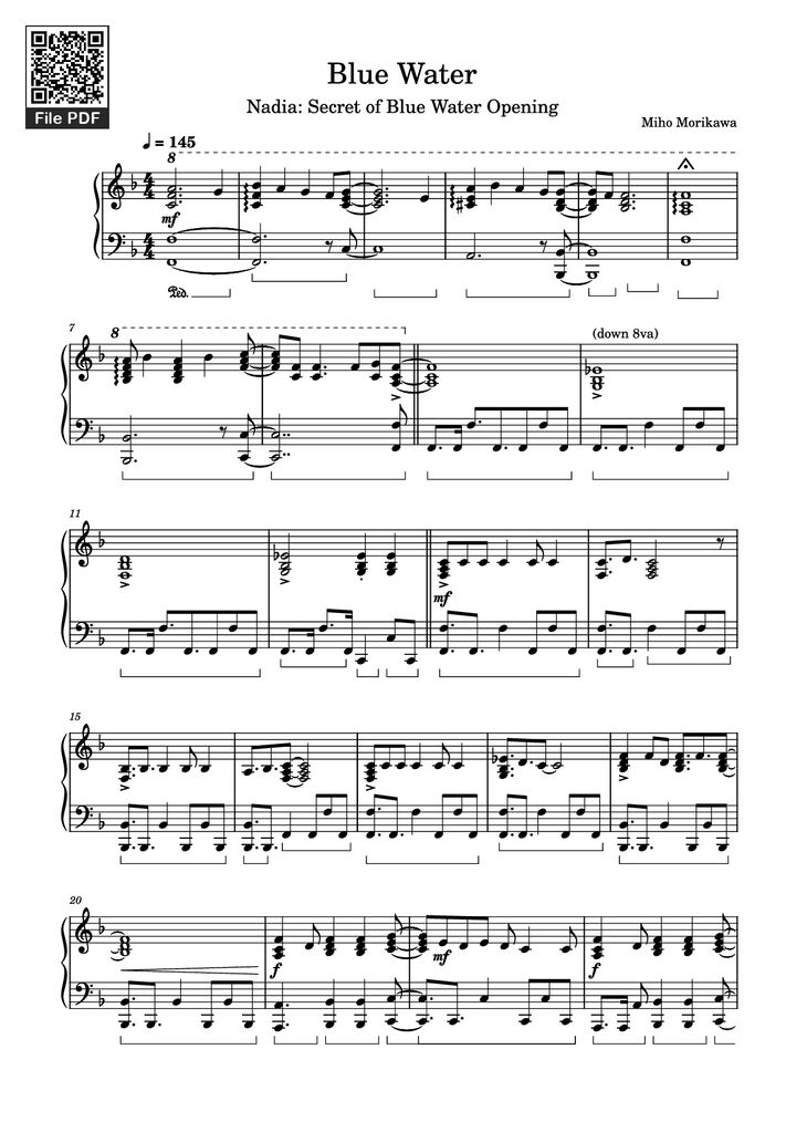 Page 1 of the piano sheet music PDF Piano - Blue Water Piano by Miho Morikawa