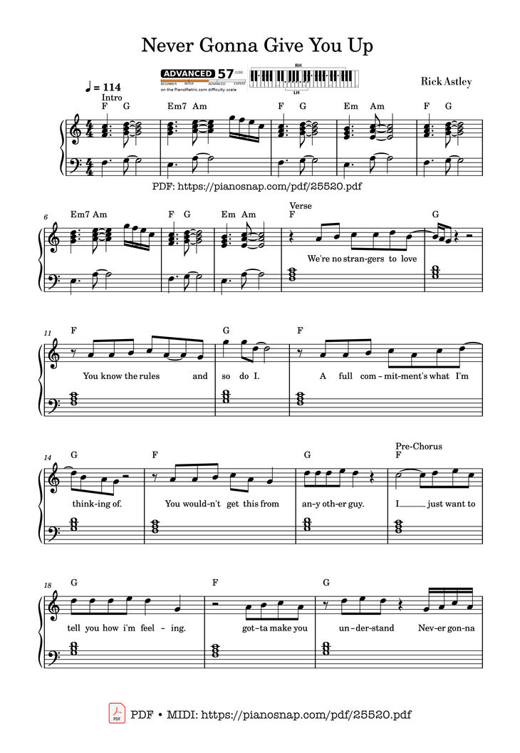 Page 1 of the piano sheet music PDF Piano - Never Gonna Give You Up Piano by Rick Astley