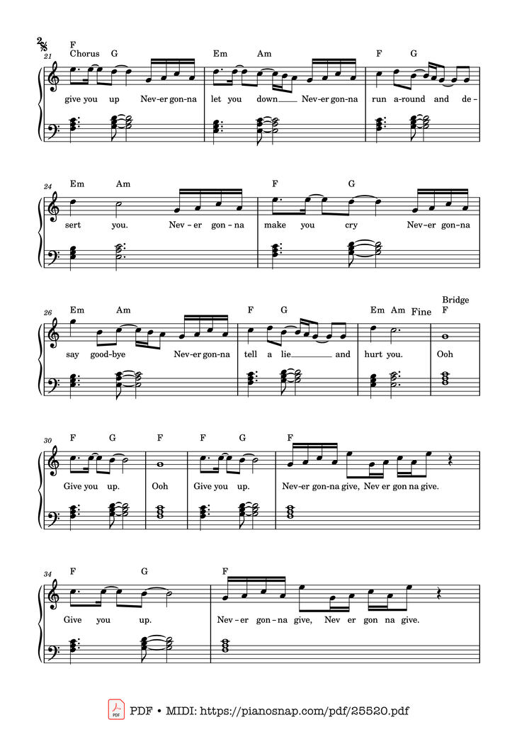 Page 2 of the piano sheet music PDF Piano - Never Gonna Give You Up Piano by Rick Astley