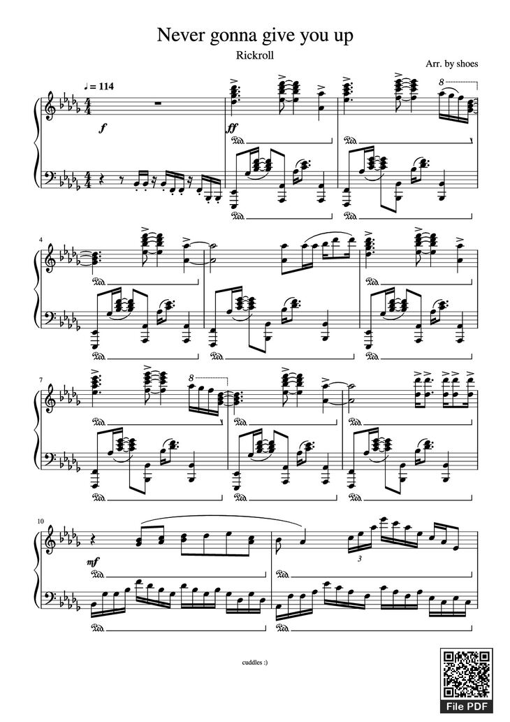 Page 1 of the piano sheet music PDF Piano - Never gonna give you up Piano by Arr. by shoes