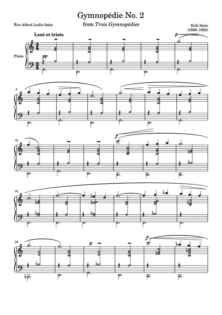 Page 1 of the piano sheet music PDF Piano - Gymnopédie No. 2 Piano by Erik Satie