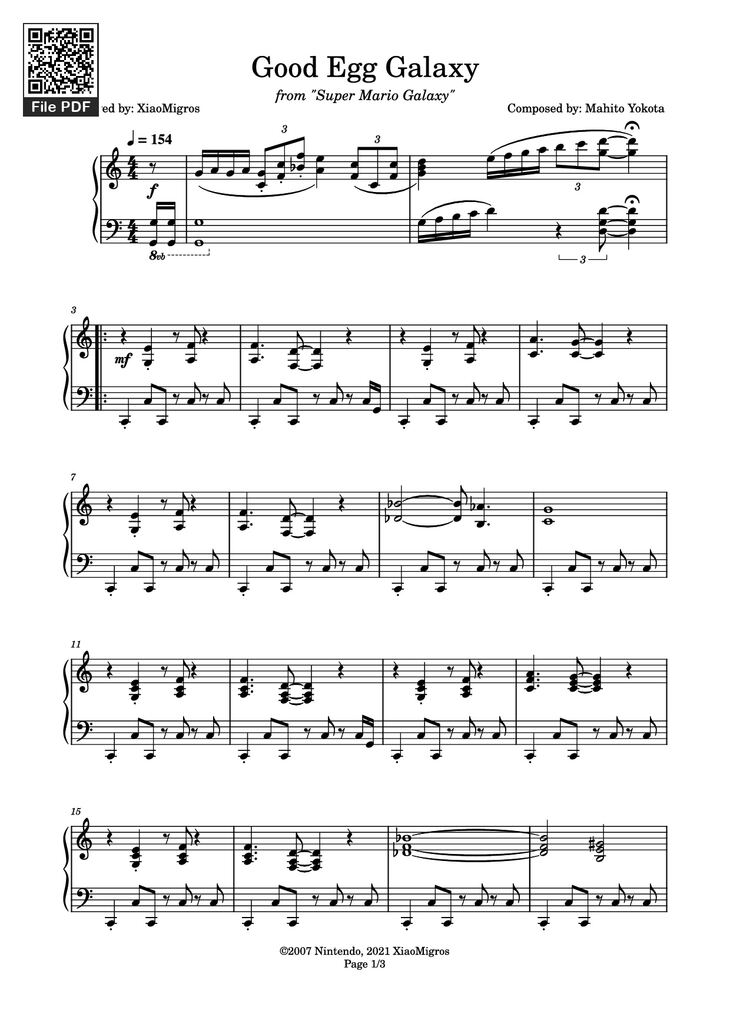 Page 1 of the piano sheet music PDF Piano - Good Egg Galaxy Piano by Composed by: Mahito Yokota