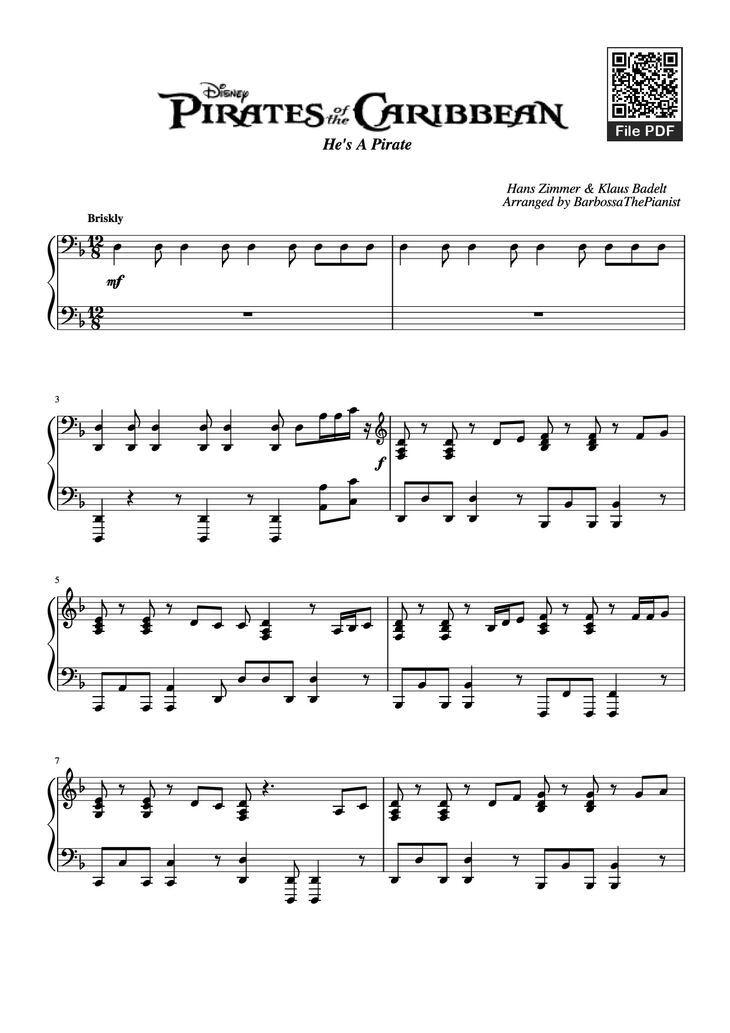 Page 1 of the piano sheet music PDF Piano - Pirates of the Caribbean Piano by Hans Zimmer & Klaus Badelt