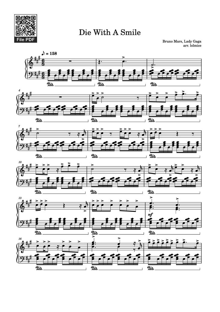 Page 1 of the piano sheet music PDF Piano - Die With A Smile Piano by Bruno Mars, Lady Gaga