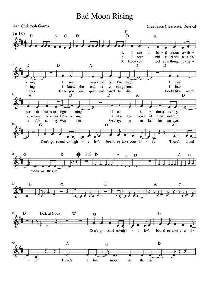 Page 1 of the piano sheet music PDF Piano - Bad Moon Rising Piano by Creedence Clearwater Revival