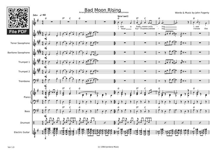 Page 1 of the piano sheet music PDF - Bad Moon RIsing Piano by Dave McGuinness