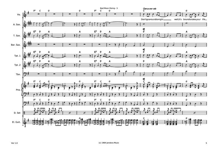 Page 5 of the piano sheet music PDF - Bad Moon RIsing Piano by Dave McGuinness
