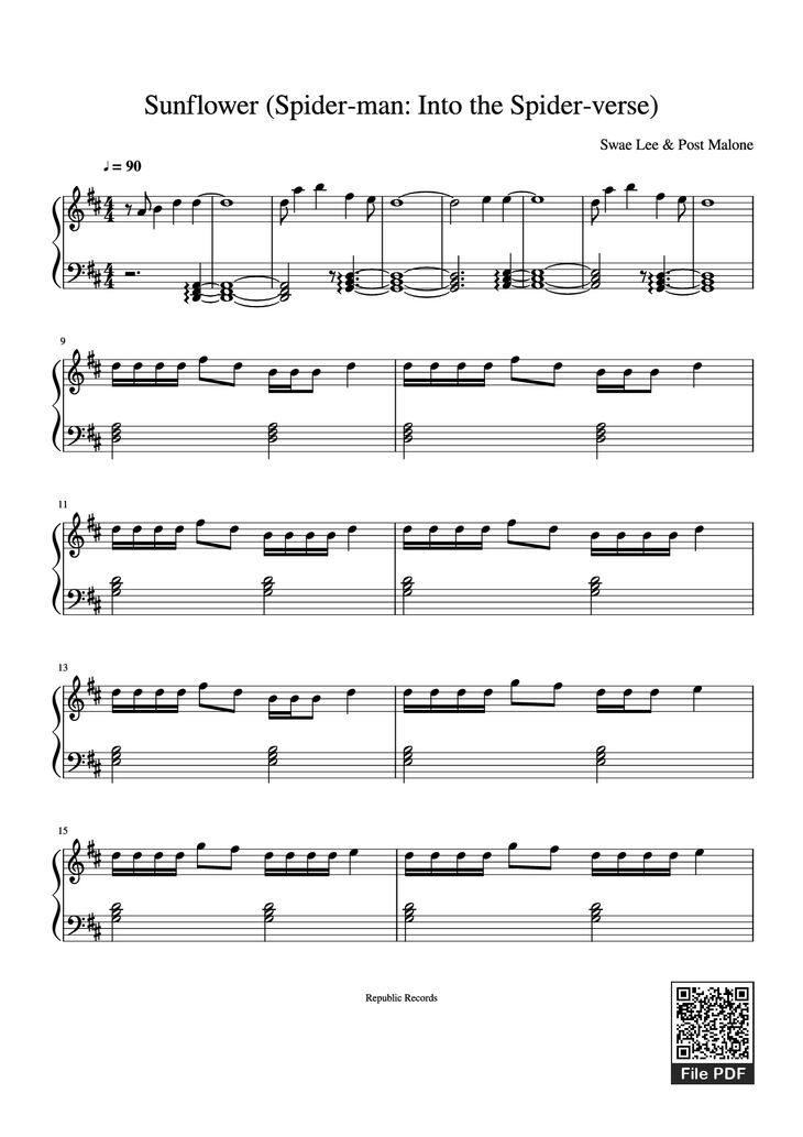 Page 1 of the piano sheet music PDF Piano - Sunflower (Spider-man: Into the Spider-verse) Piano by Swae Lee & Post Malone