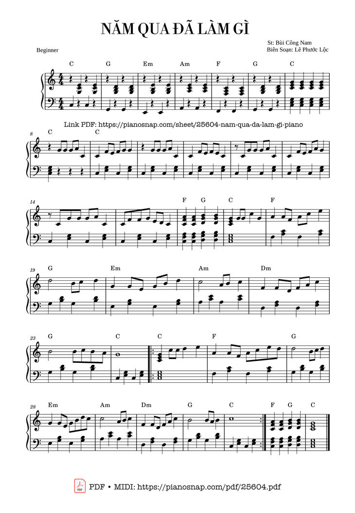Page 1 of the piano sheet music PDF Piano - Năm Qua Đã Làm Gì Piano dễ tập by Bùi Công Nam, Piano Lê Phước Lộc