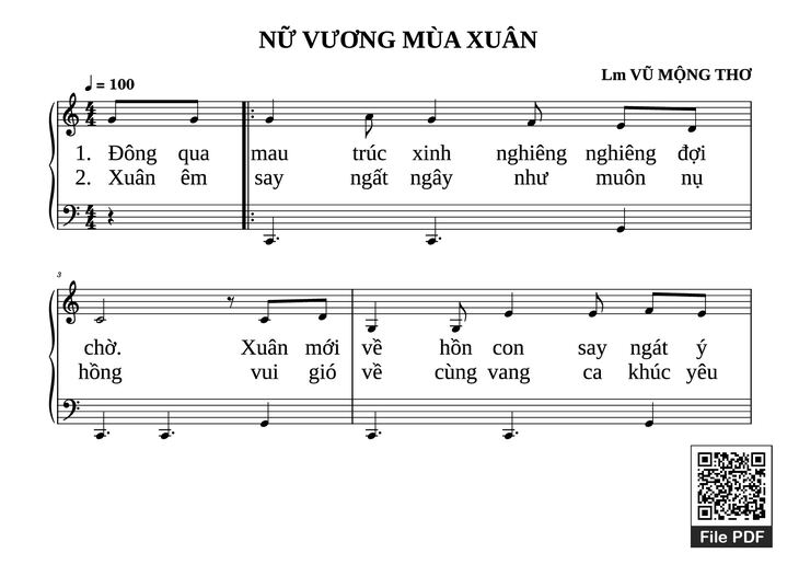 Page 1 of the piano sheet music PDF Piano - NỮ VƯƠNG MÙA XUÂN Piano dễ tập by VŨ MỘNG THƠ