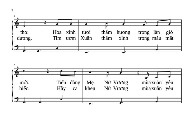 Page 2 of the piano sheet music PDF Piano - NỮ VƯƠNG MÙA XUÂN Piano dễ tập by VŨ MỘNG THƠ
