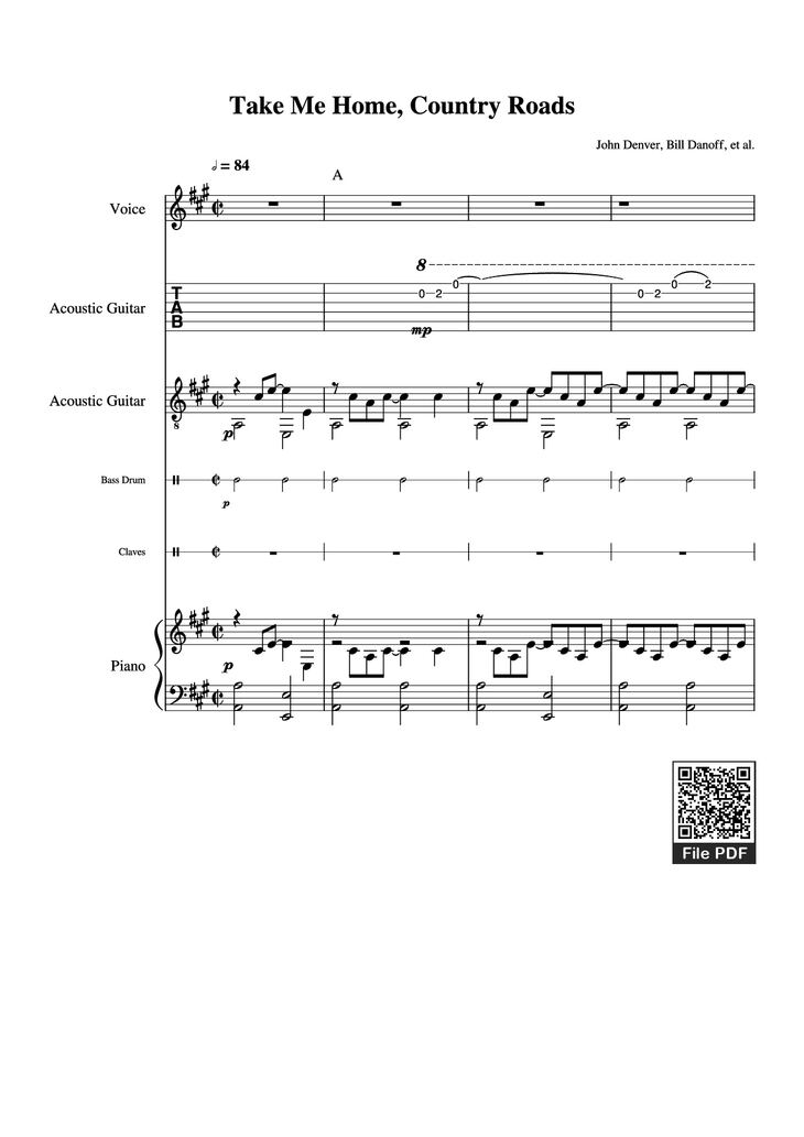 Page 1 of the piano sheet music PDF Piano Guitar Tab - Take Me Home, Country Roads Piano by John Denver, Bill Danoff, et al