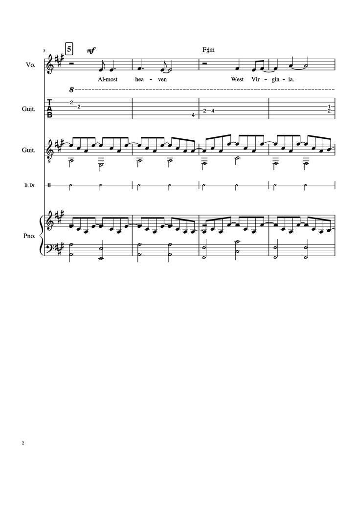 Page 2 of the piano sheet music PDF Piano Guitar Tab - Take Me Home, Country Roads Piano by John Denver, Bill Danoff, et al